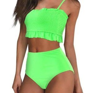 LIME GREEN SMOCKED TWO PIECE SWIMSUIT